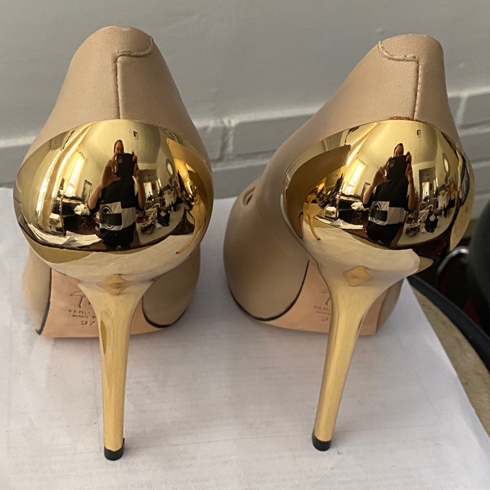 GUISEPPE ZANOTTI TAN LEATHER PUMPS gold clogs HEELS platform 37.5-6.5 sandals mu